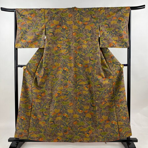 小紋 身丈158.5cm 裄丈65.5cm M 袷 紬地 草花 茶紫 正絹 美品 優品 【中古】 msp50 小紋 身丈158.5cm 裄丈65.5cm M 袷 紬地 草花 茶紫 正絹 美品 優品 【中古】 msp50