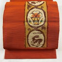 名古屋帯 美品 優品 八寸名古屋帯 松葉仕立て 草花 うさぎ オレンジ 正絹 【中古】 msp30