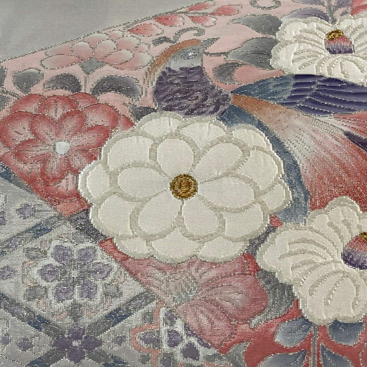 名古屋帯 優品 花鳥 華文 金銀糸 銀色 化繊 【中古】