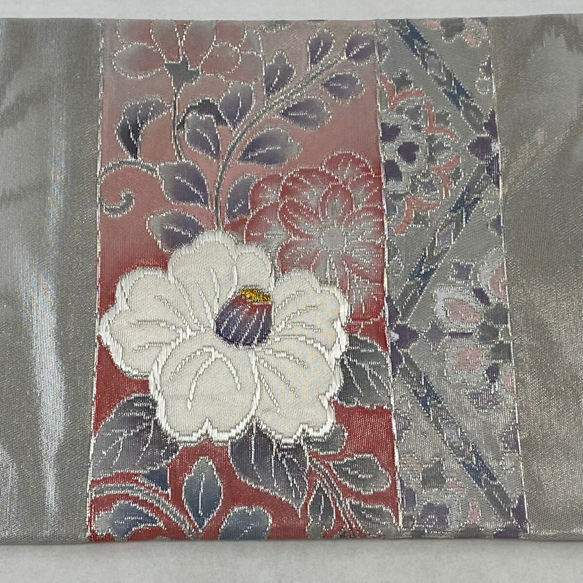 名古屋帯 優品 花鳥 華文 金銀糸 銀色 化繊 【中古】
