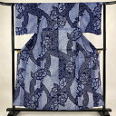 浴衣 身丈156.5cm 裄丈61cm S 絞り浴衣 草花 蝶 紺色 綿 美品 名品 【中古】 msp30