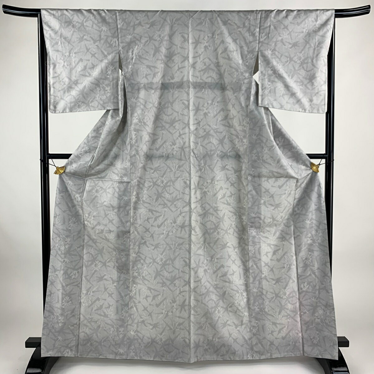 紬 身丈165cm 裄丈66cm M 袷 英 幾何学 灰色 化繊 秀品 【中古】 msp30