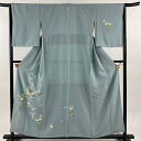 付下げ 身丈157cm 裄丈64cm M 袷 南克治 落款あり 草花 水色 正絹 逸品 一つ紋 【中古】