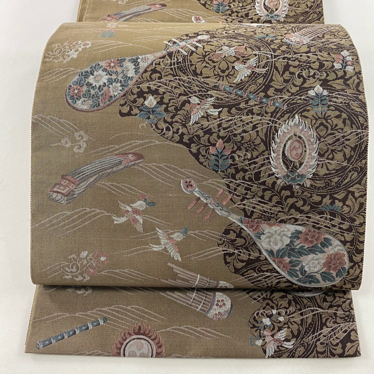 袋帯 美品 名品 紹巴 南蛮美術 楽器 花鳥 茶色 六通 正絹 【中古】