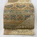 袋帯 美品 名品 服部織物 落款あり 向かい鳥 草花 金糸 箔 クリーム 六通 正絹 【中古】 msp30