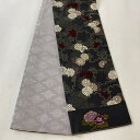 半幅帯 美品 名品 菊 雪輪 黒灰 正絹 【中古】 msp30