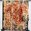 振袖 身丈158cm 裄丈67.5cm L 袷 花車 松竹梅 金糸 金彩 赤 正絹 秀品 【中古】