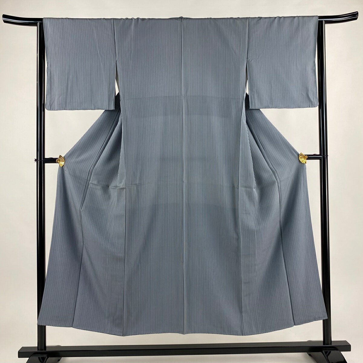 小紋 身丈150cm 裄丈64cm M 袷 縦縞 青灰色 正絹 美品 秀品 【中古】