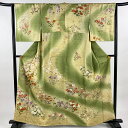 訪問着 身丈160cm 裄丈64.5cm M 袷 ますいわ屋 草花 菊 金糸 金彩 黄緑色 正絹 名品 【中古】