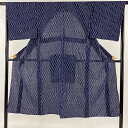 男着物 身丈134cm 裄丈67.5cm S 絞り浴衣 よろけ縞 紺色 綿 美品 名品 【中古】