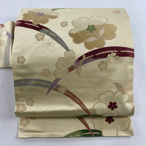 名古屋帯 美品 秀品 草花 芝 ベージュ 正絹 【中古】 msp30 名古屋帯 美品 秀品 草花 芝 ベージュ 正絹 【中古】 msp30