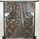 訪問着 身丈163.5cm 裄丈66cm M 袷 草花 花唐草 金彩 染め分け 灰緑 正絹 美品 秀品 【中古】