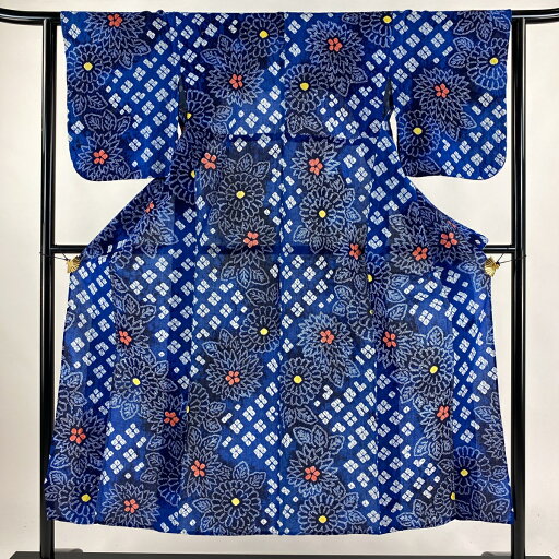 浴衣 身丈149cm 裄丈62cm S 絞り浴衣 菊 青 綿 名品 【中古】 浴衣 身丈149cm 裄丈62cm S 絞り浴衣 菊 青 綿 名品 【中古】
