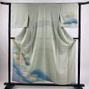 付下げ 身丈155cm 裄丈62.5cm S 袷 扇面 流水 絞り 銀通し 薄緑 正絹 名品 【中古】