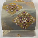 袋帯 美品 逸品 じゅらく 落款あり 帝王紫 向かい鳥 花菱 刺繍 金糸 銀色 お太鼓柄 正絹 【中古】 msp30