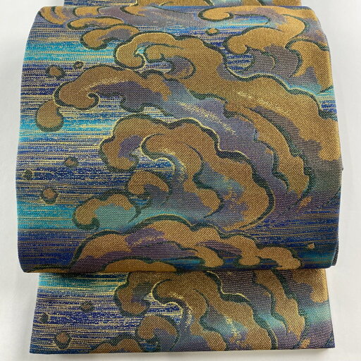 袋帯 美品 名品 波頭 箔 金糸 青緑 六通 正絹 【中古】 袋帯 美品 名品 波頭 箔 金糸 青緑 六通 正絹 【中古】