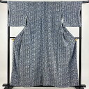 小紋 身丈157cm 裄丈68cm L 袷 竹 枝花 藍染 青灰色 正絹 逸品 【中古】