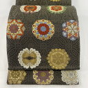 袋帯 美品 名品 華文 向かい蝶 金銀糸 茶緑色 六通 正絹 【中古】 msp30