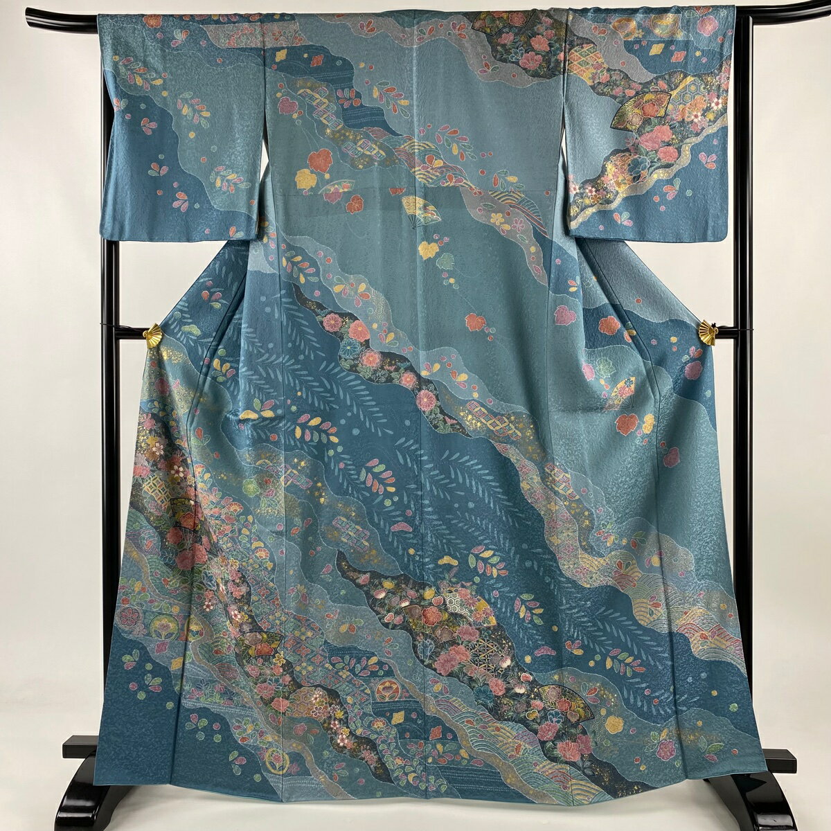 訪問着 身丈166cm 裄丈64.5cm M 袷 扇 草花 金彩 水色 正絹 美品 名品 【中古】