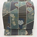 袋帯 美品 秀品 関西仕立て 葡萄唐草 縞 箔 灰緑 六通 正絹 【中古】