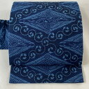 名古屋帯 美品 秀品 落款あり 向かい鶴 唐草 藍色 正絹 【中古】 msp30