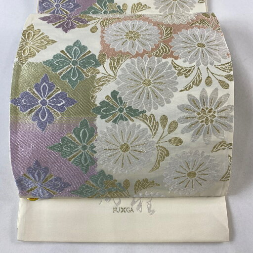 袋帯 美品 逸品 証紙あり 菊 花菱 唐織 金糸 クリーム 六通 正絹 【中古】 袋帯 美品 逸品 証紙あり 菊 花菱 唐織 金糸 クリーム 六通 正絹 【中古】