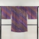 道行 身丈90cm 裄丈64cm M 和装コート 角衿 葉と実 斜縞 紫 正絹 美品 秀品 【中古】