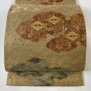 袋帯 美品 名品 加納幸 落款あり 向かい鶴 雲文 金銀糸 箔 薄茶色 六通 正絹 【中古】 msp30