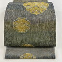 袋帯 美品 名品 向かい鳥 草花 金糸 箔 灰緑 六通 正絹 【中古】 msp30