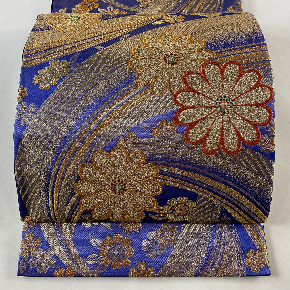 袋帯 美品 秀品 菊 波 金糸 箔 青紫 六通 正絹 【中古】 msp30