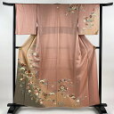 訪問着 身丈157.5cm 裄丈63.5cm S 袷 菊 松竹梅 金彩 ピンク 正絹 秀品 一つ紋 【中古】
