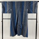 道中着 身丈133cm 裄丈68cm L 和装コート 紬地 よろけ縞 紺色 正絹 美品 逸品 【中古】