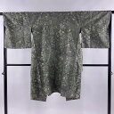 道中着 身丈106cm 裄丈66.5cm M 和装コート 紬地 宝尽くし 秋草 灰緑 正絹 美品 逸品 【中古】