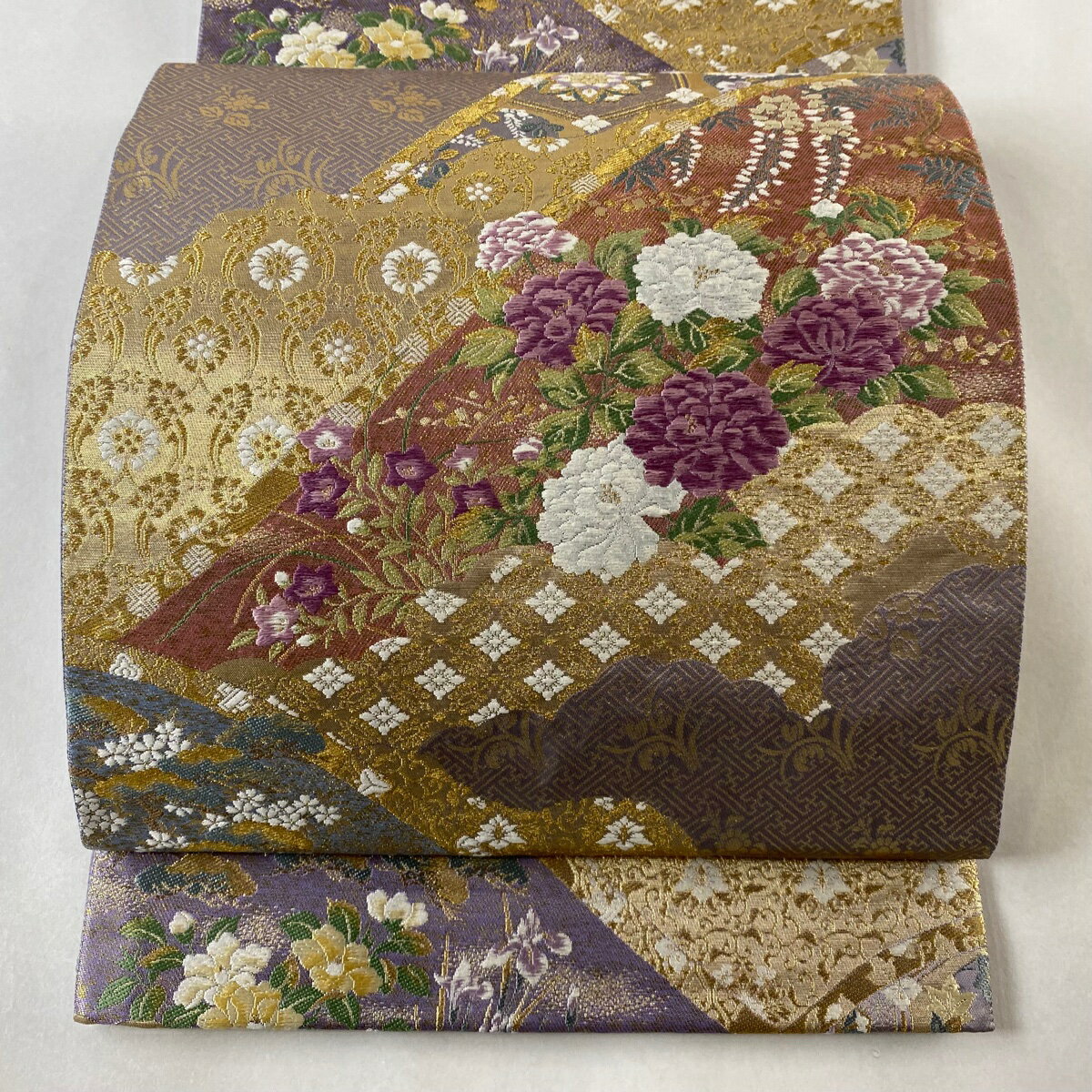袋帯 美品 逸品 じゅらく 落款あり じゅらく帝王紫 草花 有職文様 金糸 箔 薄紫 六通 正絹 【中古】