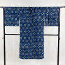 道行 身丈124cm 裄丈67cm M 和装コート 角衿 紬地 縞 井桁絣 紺色 正絹 名品 【中古】 msp30