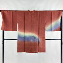 道行 身丈95cm 裄丈69cm L 和装コート 角衿 葉と実 汕頭刺繍 銀糸 茜色 正絹 美品 名品 【中古】