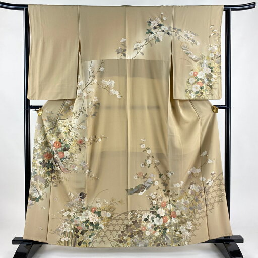 訪問着 身丈160cm 裄丈62.5cm S 袷 短冊 草花 金糸 金銀彩 ベージュ 正絹 名品 【中古】 msp30 訪問着 身丈160cm 裄丈62.5cm S 袷 短冊 草花 金糸 金銀彩 ベージュ 正絹 名品 【中古】 msp30