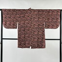 道中着 身丈85cm 裄丈64cm M 和装コート 葉柄 幾何学 ピンク 正絹 名品 【中古】
