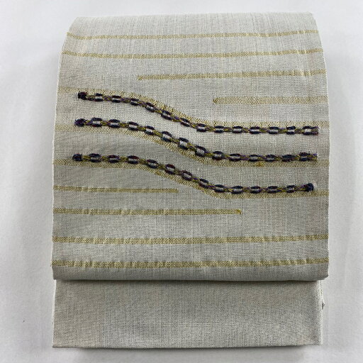 袋帯 秀品 縞 金銀糸 灰白 お太鼓柄 正絹 【中古】 袋帯 秀品 縞 金銀糸 灰白 お太鼓柄 正絹 【中古】