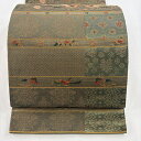 袋帯 美品 名品 落款あり 証紙あり 渡文 向かい鳥 草花 箔 刺繍 茶緑色 六通 正絹 【中古】 msp30