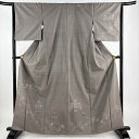 訪問着 身丈164cm 裄丈63cm S 袷 紬地 向かい鳥 草花 刺繍 金糸 灰茶 正絹 美品 名品 【中古】 msp30