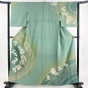 訪問着 身丈157.5cm 裄丈62cm S 袷 滝泰 落款あり 菊 松竹梅 金銀彩 絞り 灰緑 正絹 名品 【中古】
