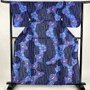 浴衣 身丈159cm 裄丈65cm M 絞り浴衣 草花 幾何学模様 青 綿 美品 名品 【中古】 msp30