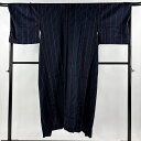 道中着 身丈140cm 裄丈68.5cm L 和装コート 縞 幾何学 紺色 正絹 美品 逸品 【中古】