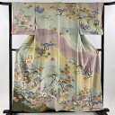 訪問着 身丈157cm 裄丈64cm M 袷 田村哲彦 落款あり 松梅 鳥 薄緑 正絹 逸品 【中古】 msp30