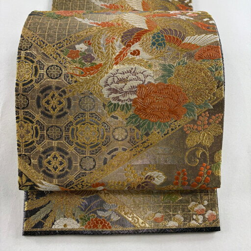 袋帯 美品 秀品 鳳凰 草花 金銀糸 箔 金色 六通 正絹 【中古】 袋帯 美品 秀品 鳳凰 草花 金銀糸 箔 金色 六通 正絹 【中古】