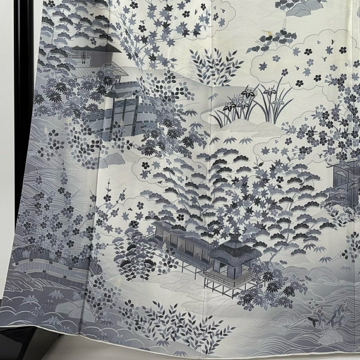 訪問着 身丈164cm 裄丈67.5cm L 袷 松竹梅 家屋 ぼかし 灰白 正絹 美品 秀品 【中古】