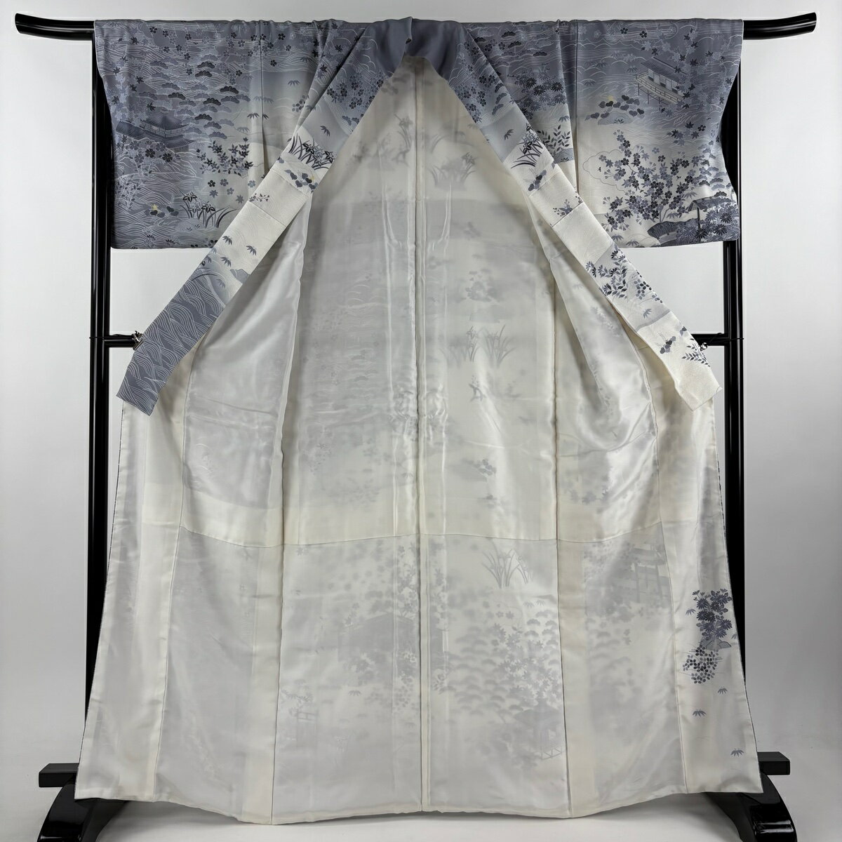 訪問着 身丈164cm 裄丈67.5cm L 袷 松竹梅 家屋 ぼかし 灰白 正絹 美品 秀品 【中古】