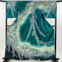 訪問着 身丈162cm 裄丈66.5cm M 袷 翠山工房 落款あり 辻が花 銀通し ぼかし 緑 正絹 逸品 【中古】
