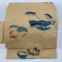 名古屋帯 逸品 イルカ かに 薄オレンジ 正絹 【中古】
